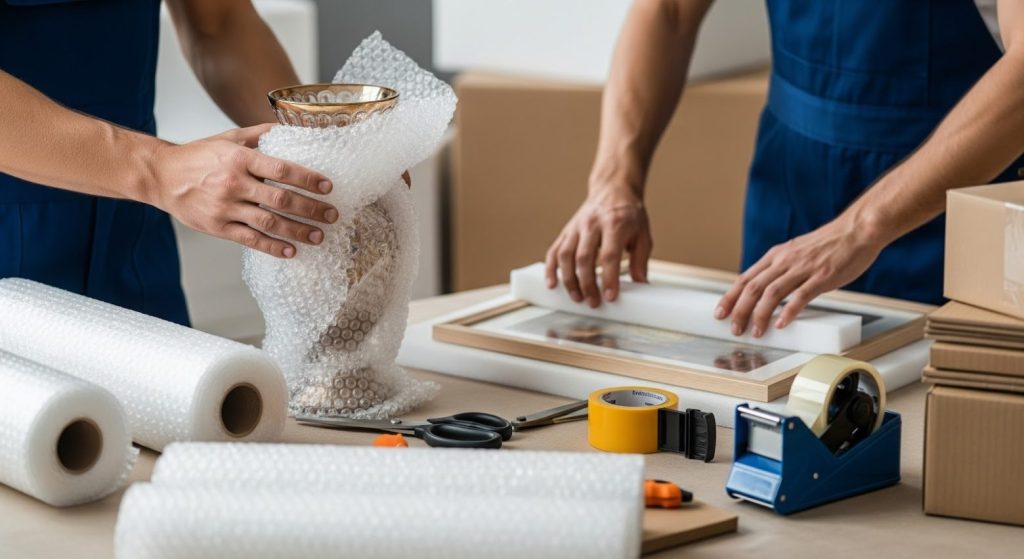 A photo of movers wrapping a fragile vase and packing artwork using bubble wrap and packing tools.